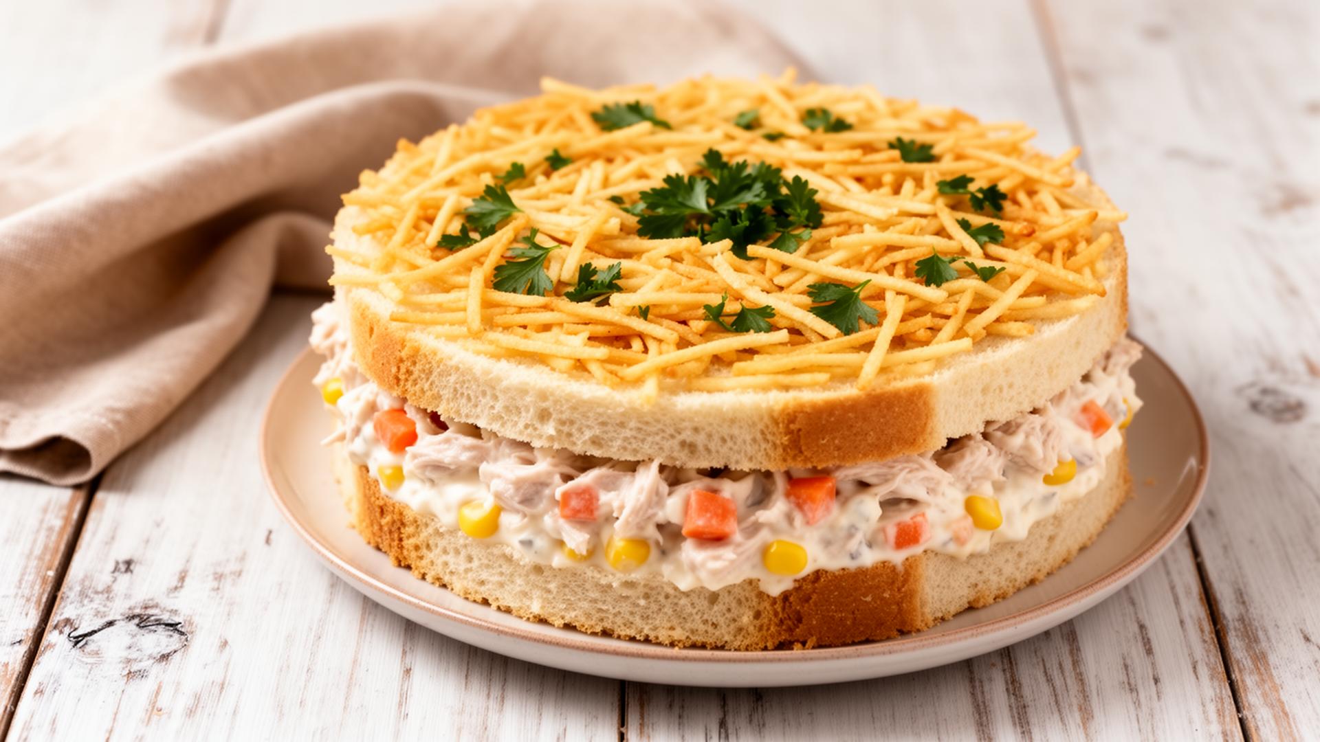 Torta gelada de frango cremosa coberta com batata palha